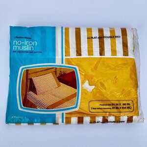 Vintage 1970s Flat Sheet‎ Double Bed Gold Brown White Stripes Blend New